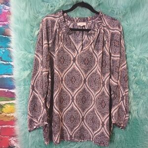 Loft Blue White and Brown Long Sleeve V-Neck Blouse Size XL
